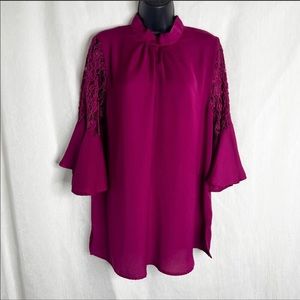 Suzanne Betro / Magenta Lace Trim Mock Neck Trumpet Sleeve Blouse